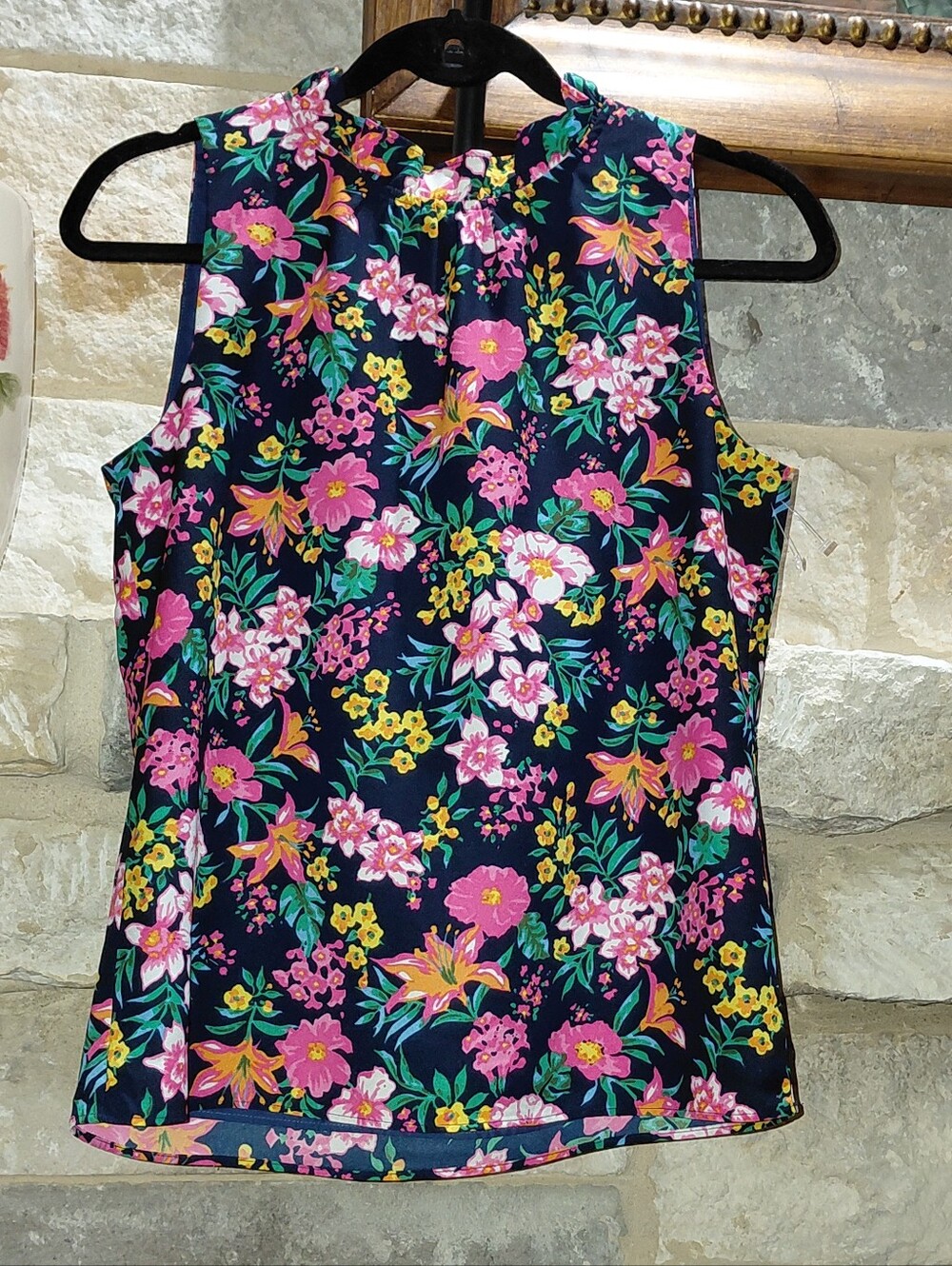 J. Crew XS Sleeveless Navy Floral Shell Top Pink & Yellow Blooms